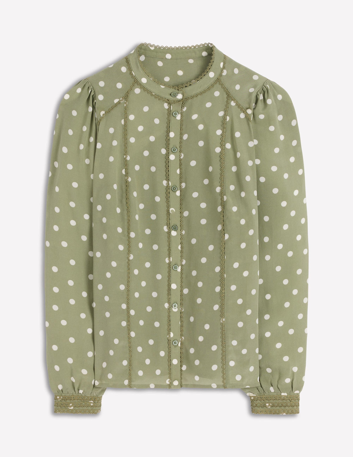 Rhea Trim Detail Silk Top-Larch Green, Painted Dot