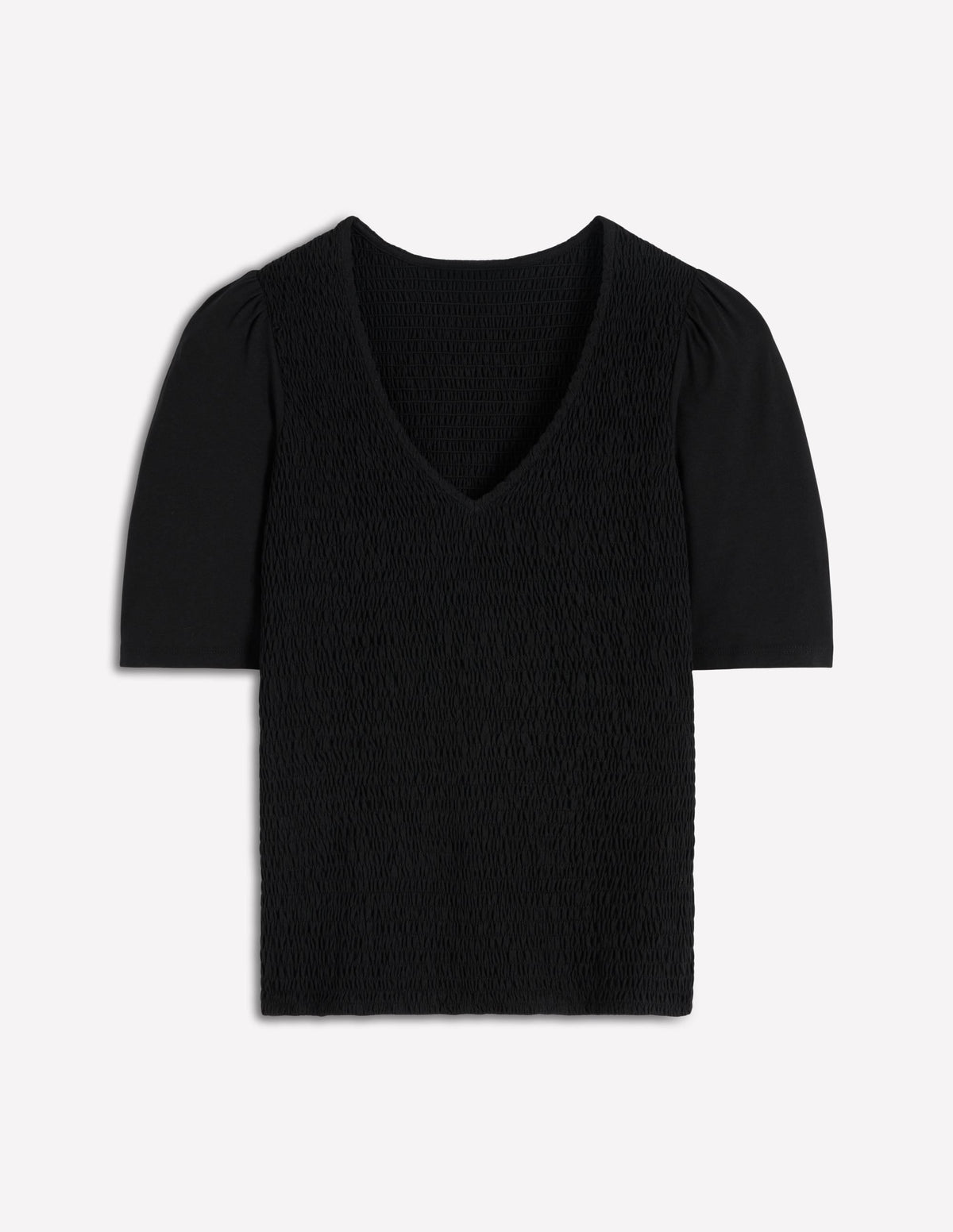 Smocked V Neck Top-Black