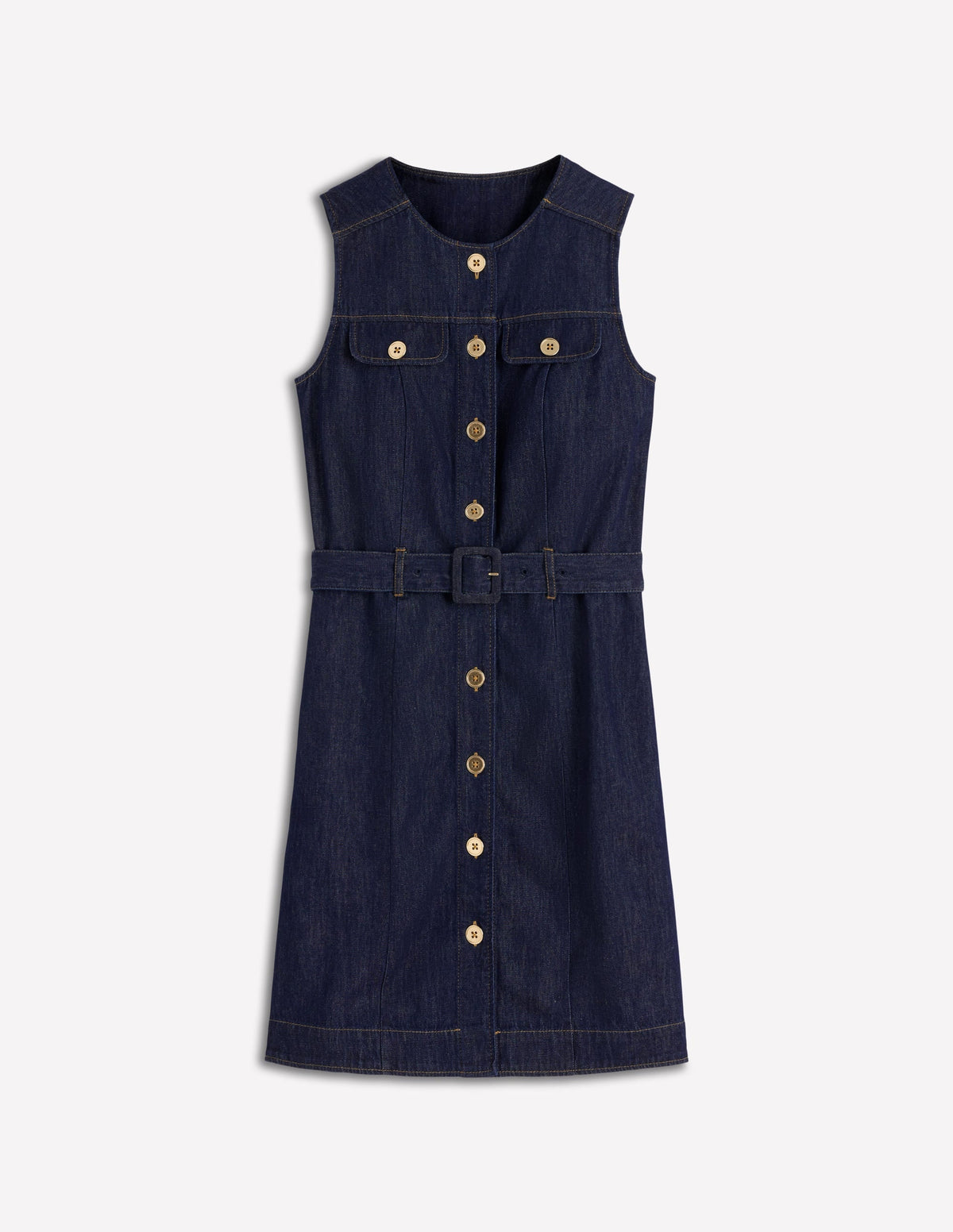 Short Gold Button Denim Dress-Indigo