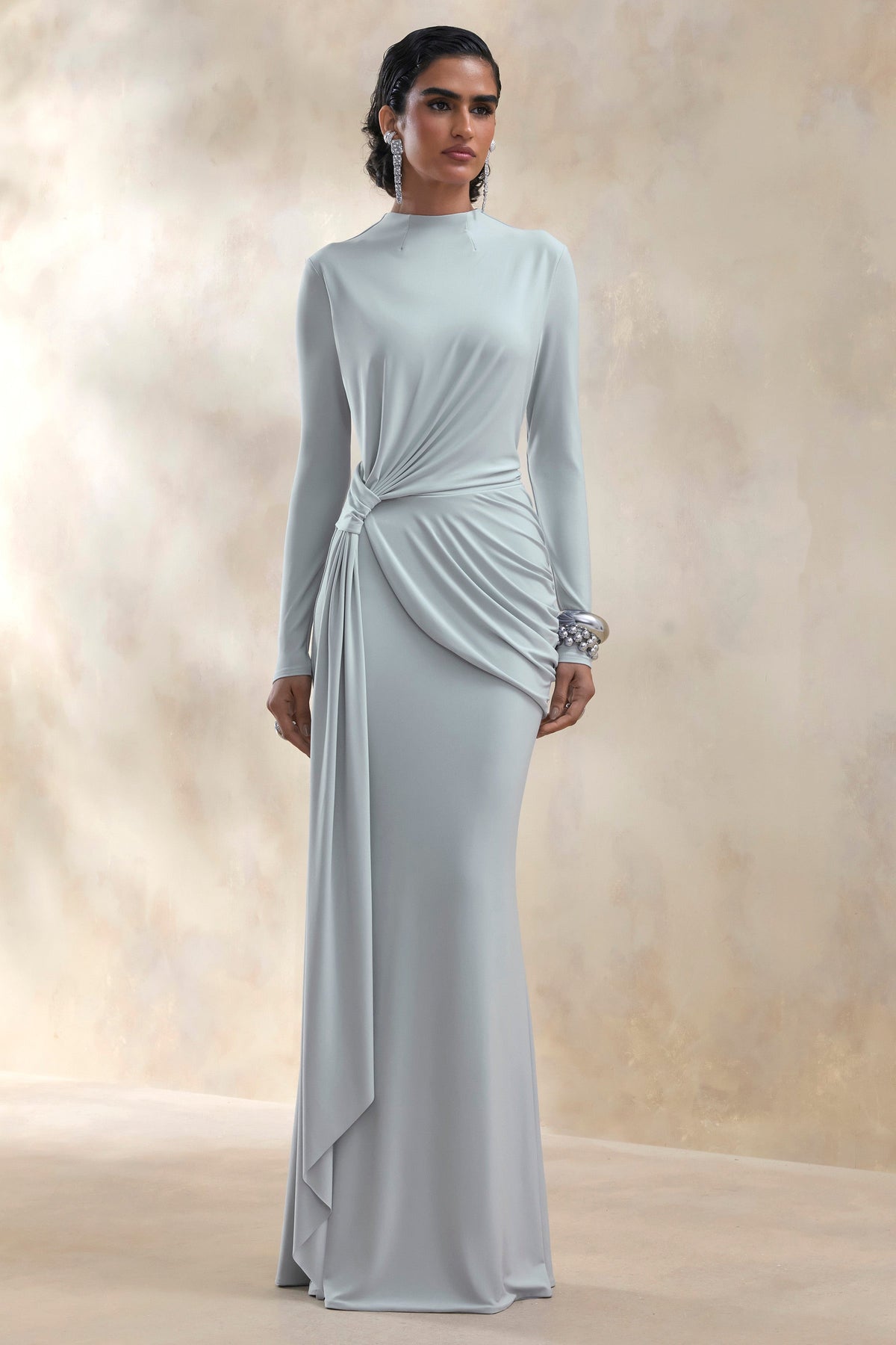 Kyrissa | Blue High-Neck Maxi Dress With Gathered-Detailing
