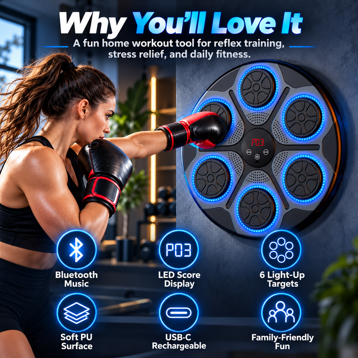 Smart Music Boxing Trainer – Interactive LED Reflex Training Machine for Home Fitness