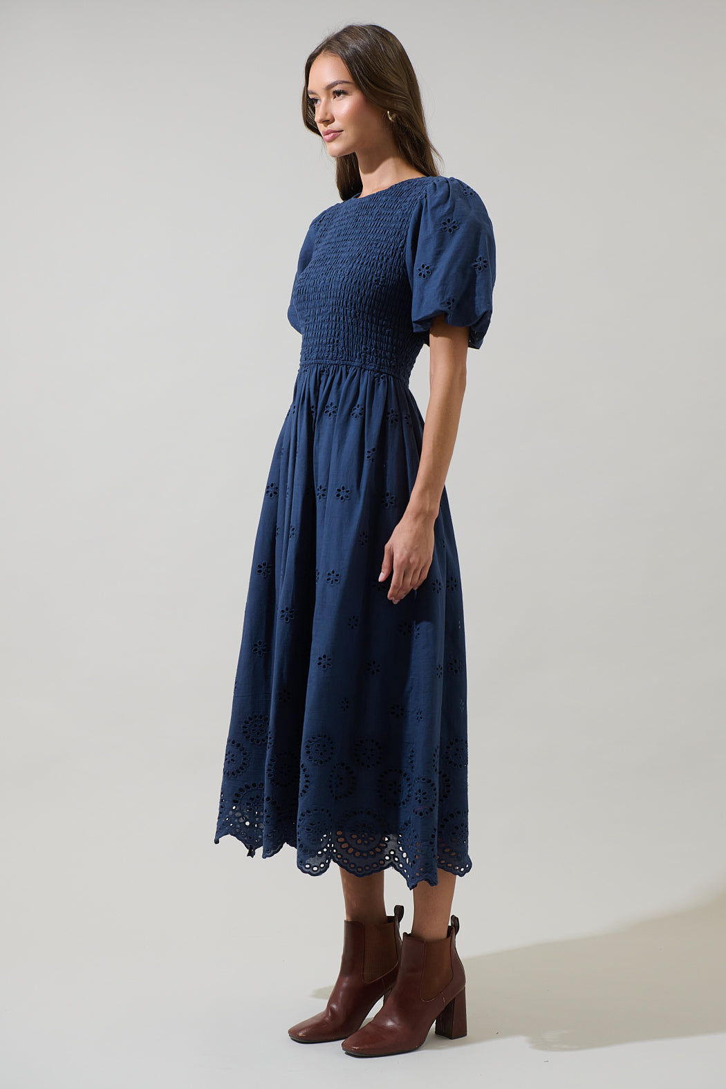Deana Eyelet Smocked Midi Dress