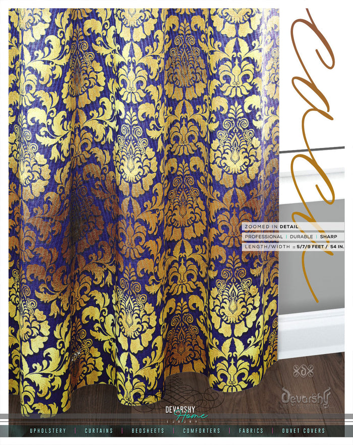 Gold Damask Pattern Blue Curtain Panel. 12 Fabric Options. Made to Order. Heavy And Sheer. 100283