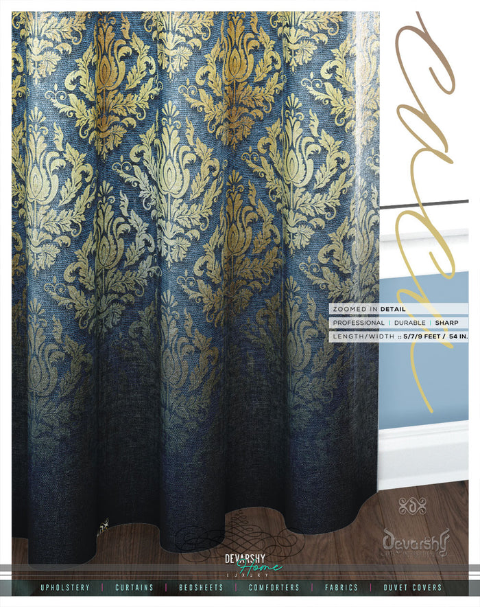 Ornate Blue Damask PREMIUM Curtain Panel. Available on 12 Fabrics. Made to Order. 100279