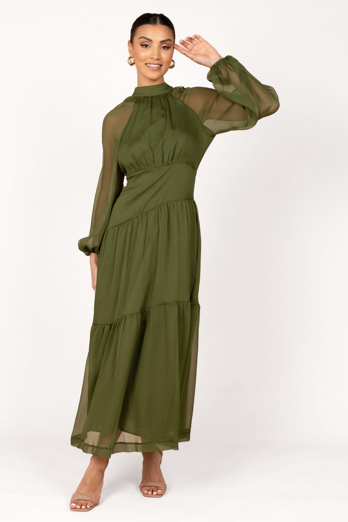 Julip Sheer Long Sleeve Maxi Dress - Olive