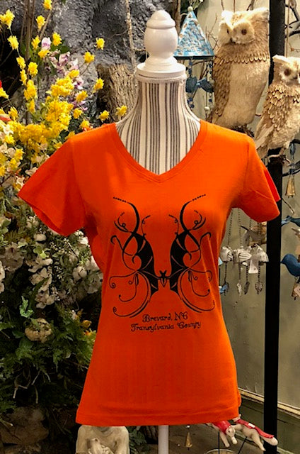 T-Shirt - Women's - Swirly Bat in Transylvania County - Short Sleeve V-Neck in Orange