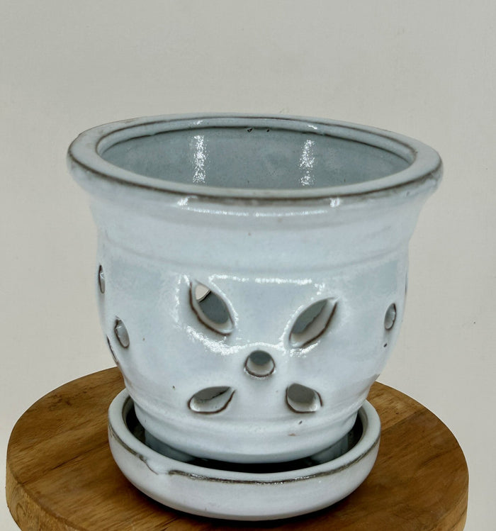 White Ceramic Orchid Pot- - Round-With Attached Humidity Drip Tray-5.5 x 5.5 x 5.25 tall