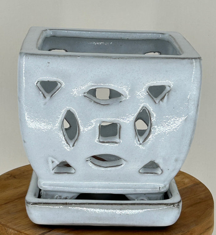 White Ceramic Orchid Pot - Square-With Attached Humidity Drip Tray-5.25 x 5.5 x 5.25 tall