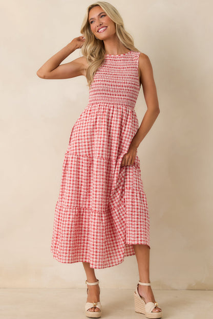 Picnic Promises Red Gingham Eyelet Cotton Midi Dress