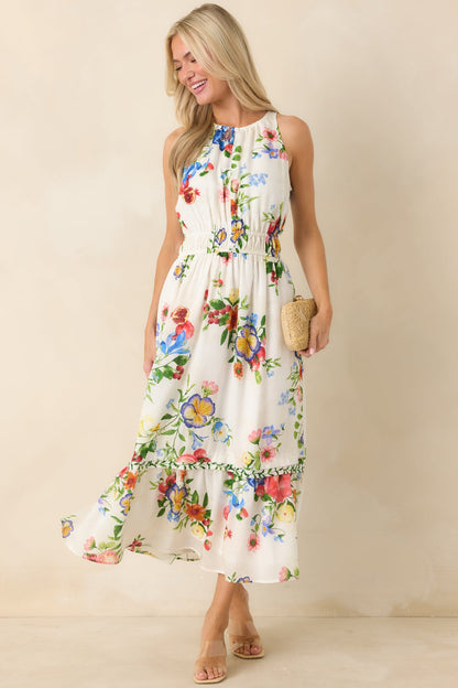 Pick Me Pretty Ivory Multi Floral Sleeveless Midi Dress