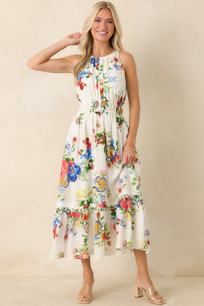 Pick Me Pretty Ivory Multi Floral Sleeveless Midi Dress