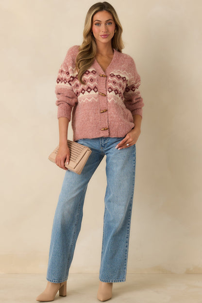In Other Words Rose Pink Fair Isle Knit Toggle Button Up Cardigan