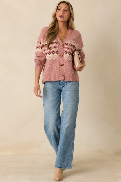 In Other Words Rose Pink Fair Isle Knit Toggle Button Up Cardigan