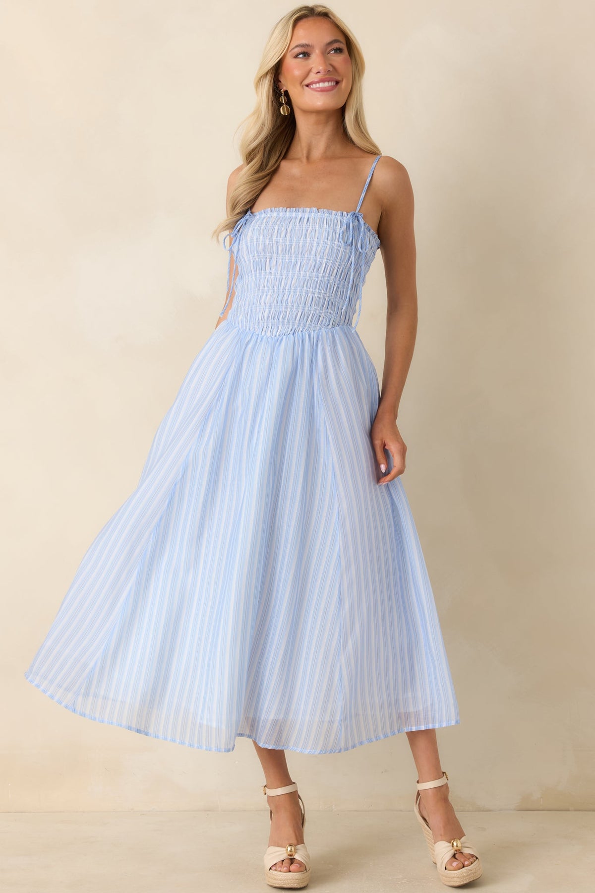 ASTR The Label Lahela Light Blue Stripe Smocked Midi Dress