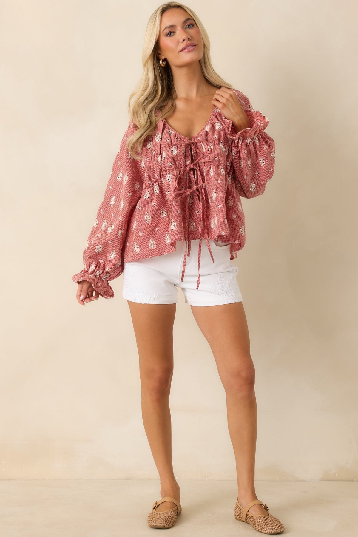 FRNCH Maui Red Vintage Floral Cotton Tie Front Blouse