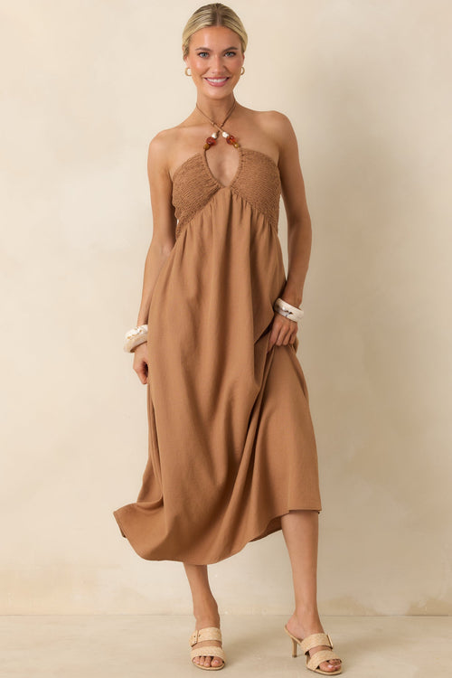 Life is But a Dream Chestnut Brown Beaded Halter Midi Dress