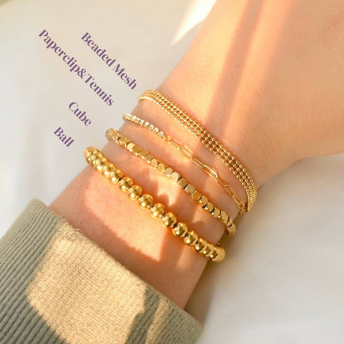 18k Gold Beaded Paperclip & Tennis Bracelet