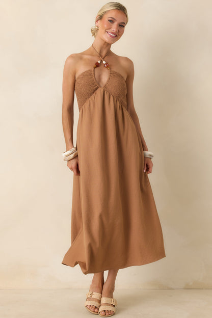 Life is But a Dream Chestnut Brown Beaded Halter Midi Dress