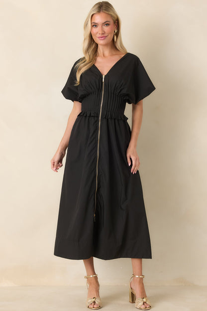 Let It Be Easy Black Smocked Waist Zip Maxi Dress