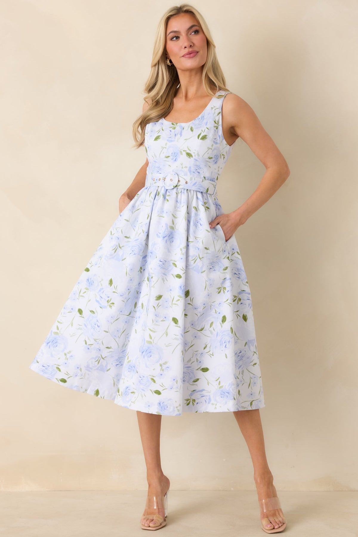 Prosperina Ava Light Blue Floral Cotton Belted Midi Dress