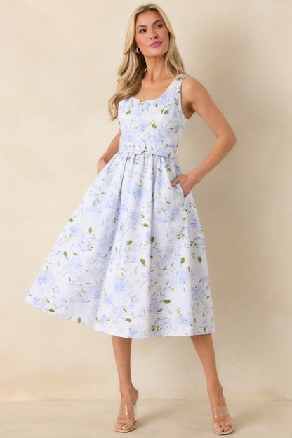 Prosperina Ava Light Blue Floral Cotton Belted Midi Dress