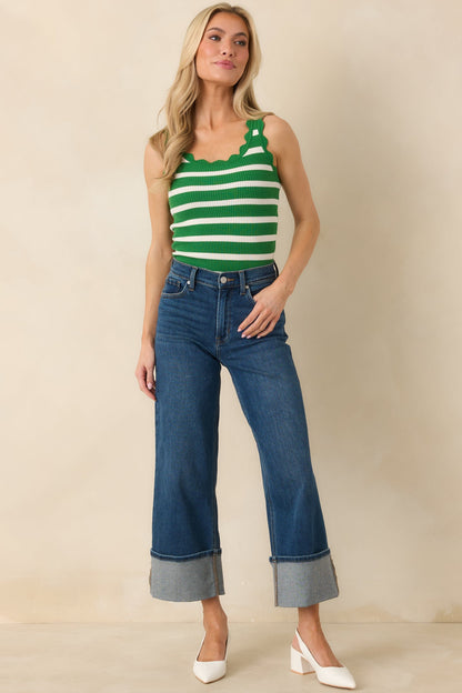 Prosperina Shay Kelly Green Stripe Scallop Cotton Tank
