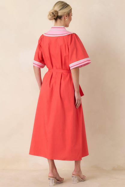 Living Out Loud Poppy Red & Pink Cotton V-Neck Midi Dress