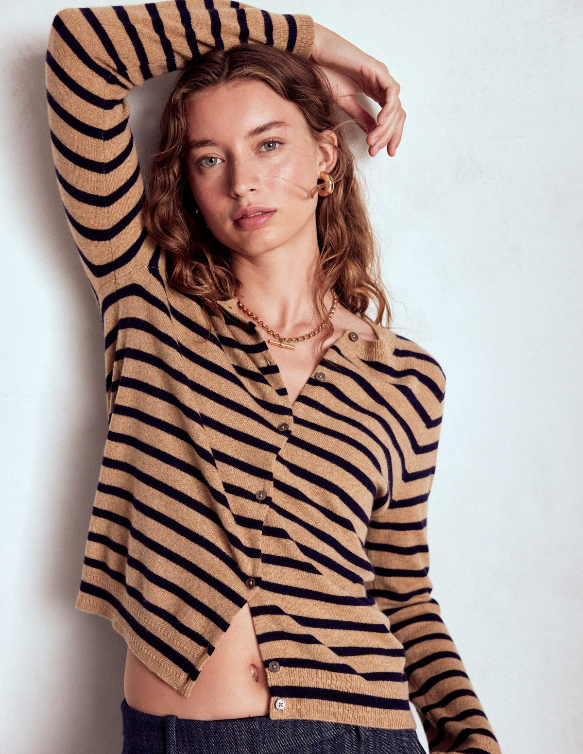 Eva Cashmere Crew Cardigan-Camel Melange/Navy Stripe