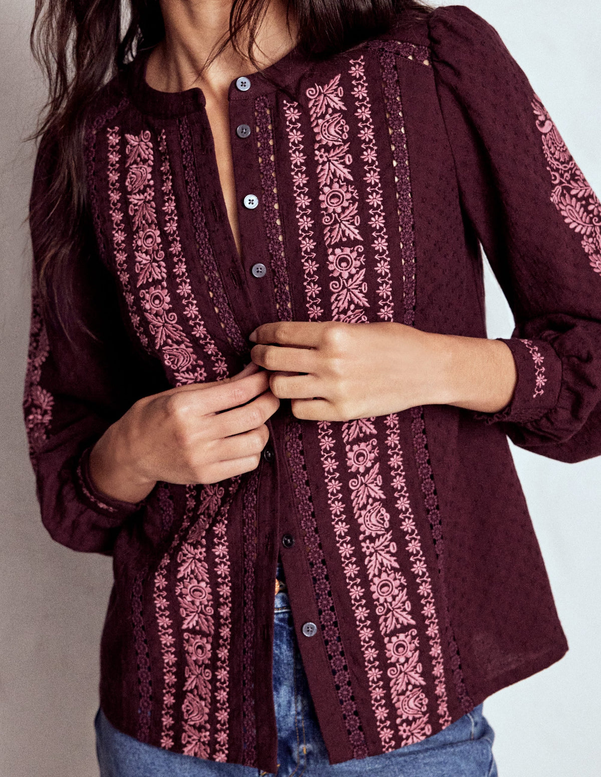 Embroidered Cotton Top-Dark Cherry