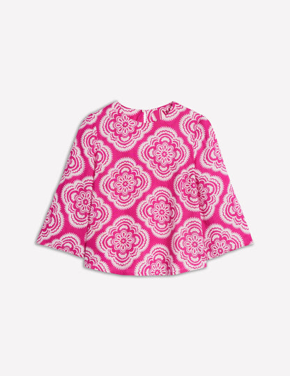 Fluted Sleeve Linen Top-Pink Peony, Botanic Blush