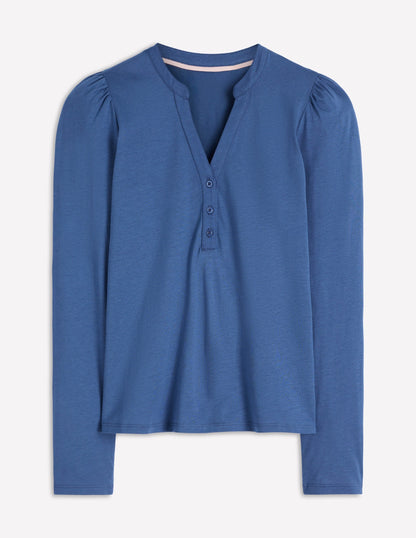 Supersoft Open Neck Henley-Denim Blue