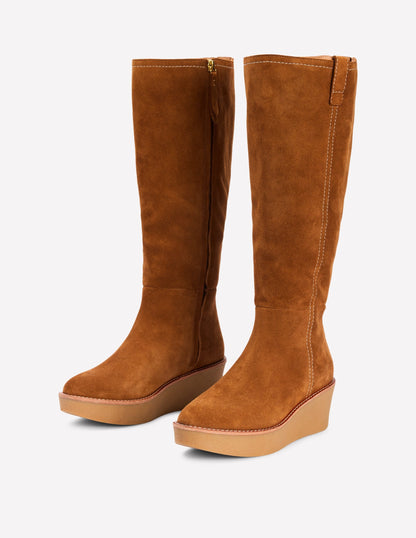 Knee High Wedge Boots-Tan