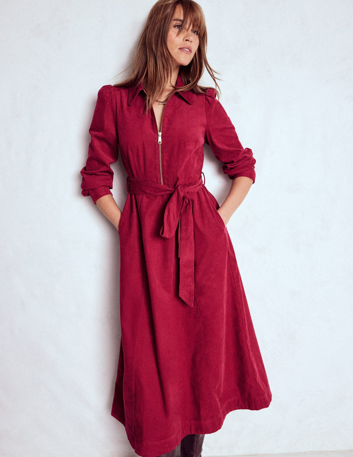 Adelaide Zip Cord Midi Dress-Burgundy Red