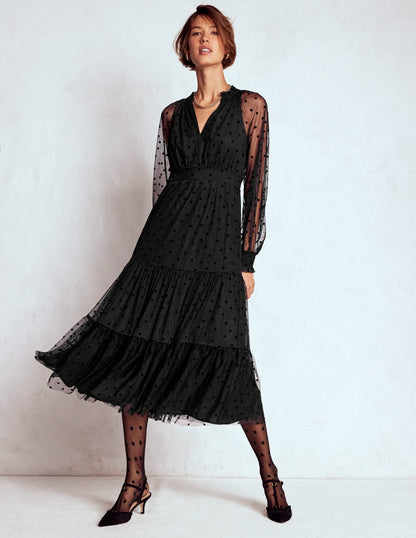 Lucille Tulle Midi Dress-Black