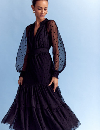 Lucille Tulle Midi Dress-Black