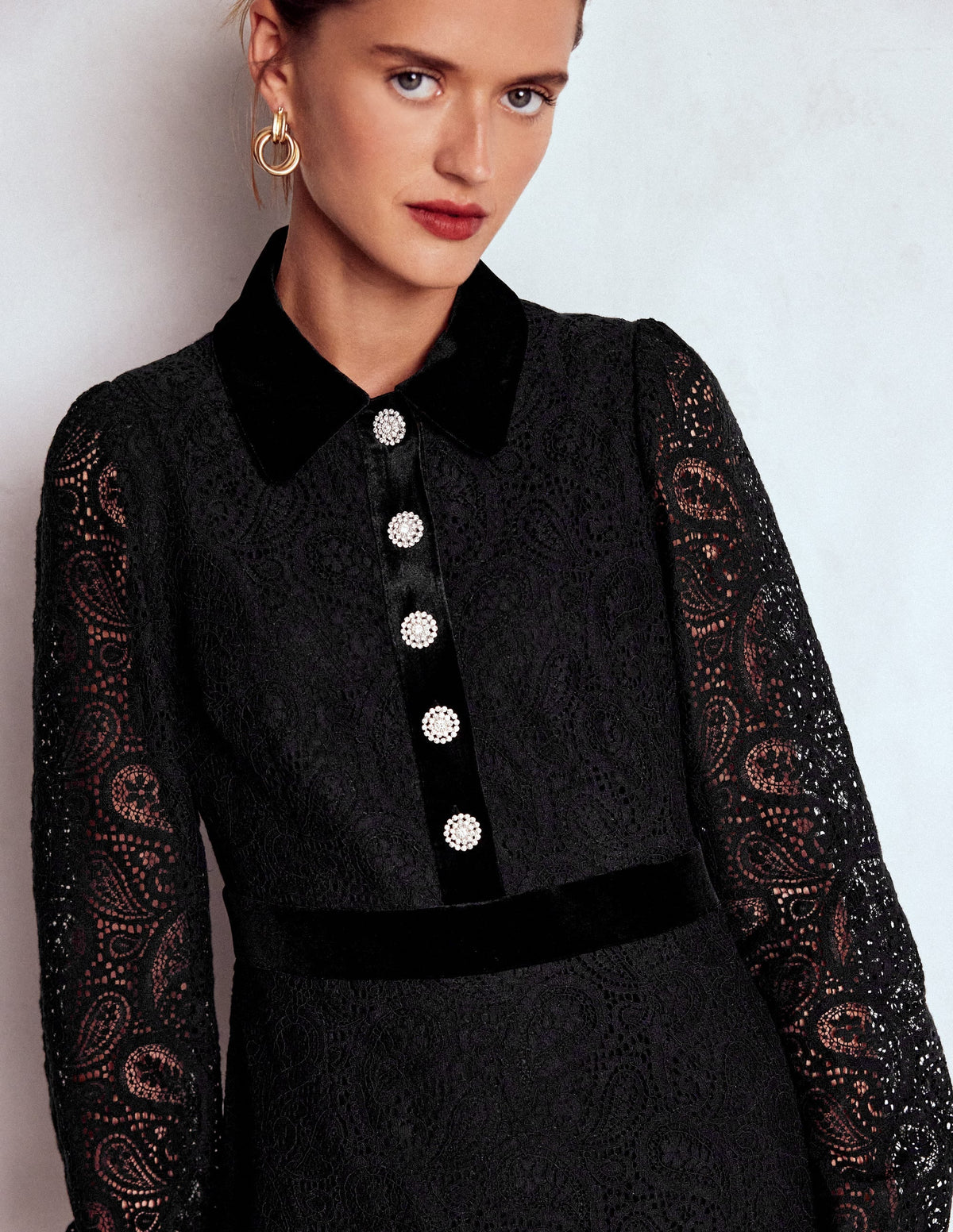 Collar Button Lace Dress-Black