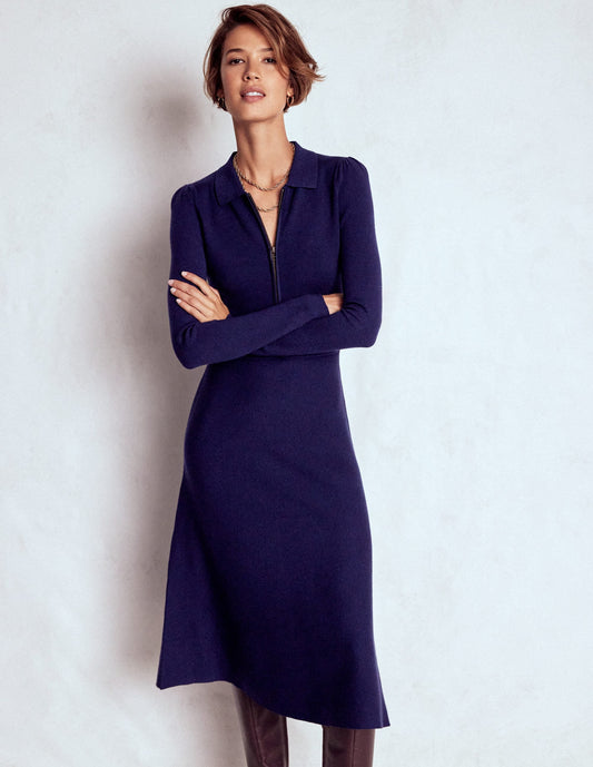 Fiona Zip Front Knitted Dress-Navy