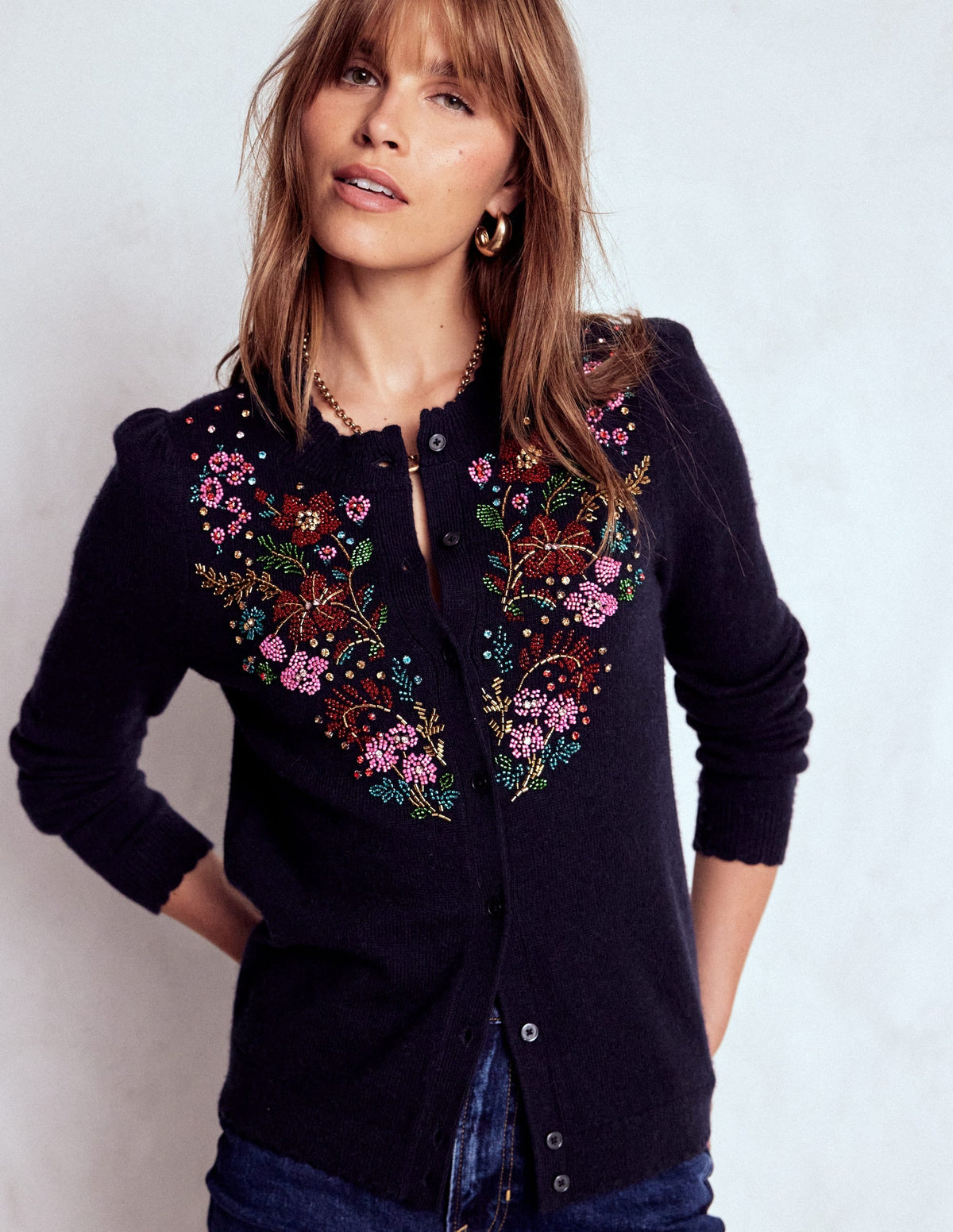 Elizabeth Embellished Cardigan-Navy, Floral Embellishment