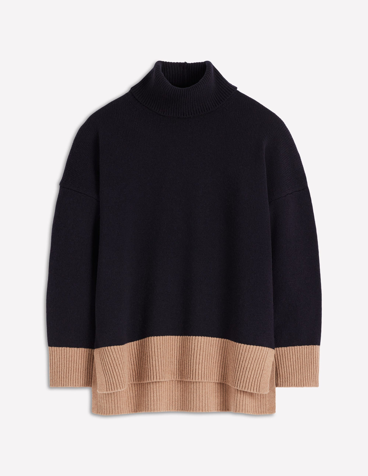 Polly Merino Roll Neck Sweater-Navy, Warm Taupe Colour Block