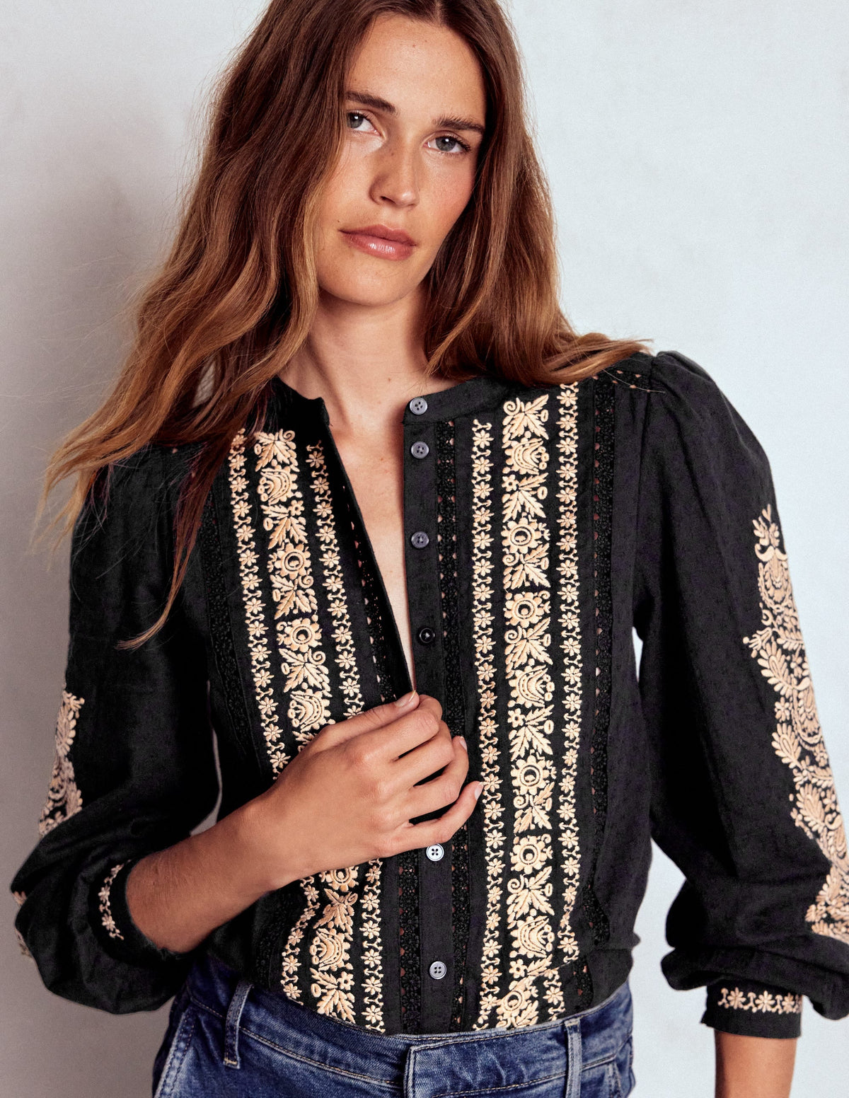 Embroidered Cotton Top-Black