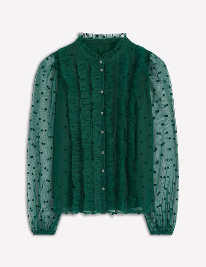 Frilled Tulle Blouse-Emerald Night