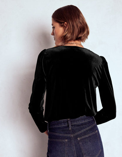 Flora V-Neck Velvet Top-Black