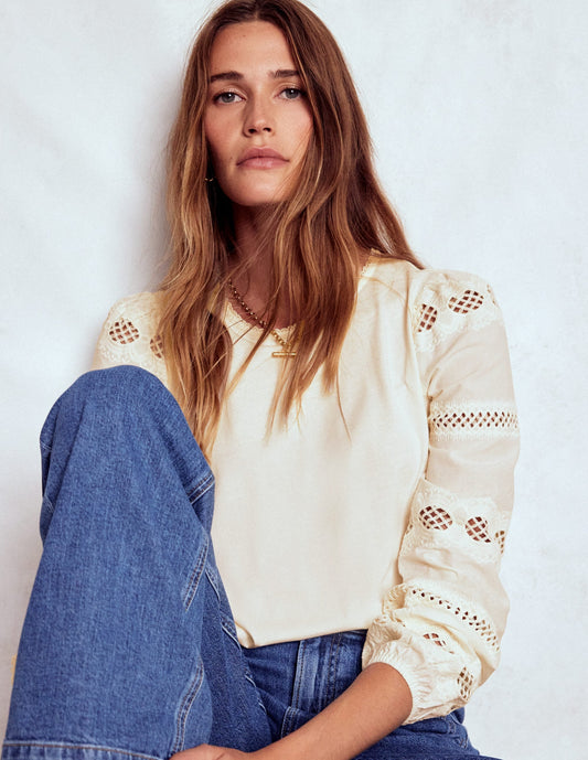 Millie Lace Mix Top-Ivory