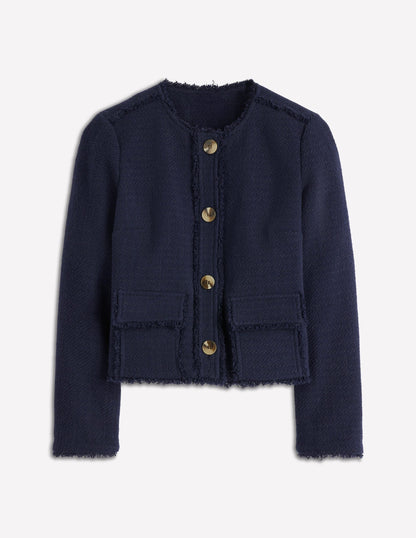 Collarless Textured Jacket-Navy