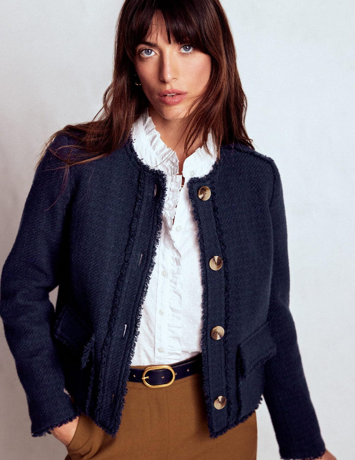 Collarless Textured Jacket-Navy