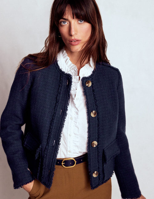 Collarless Textured Jacket-Navy
