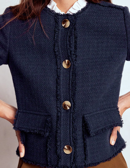 Collarless Textured Jacket-Navy