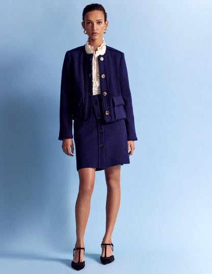 Collarless Textured Jacket-Navy