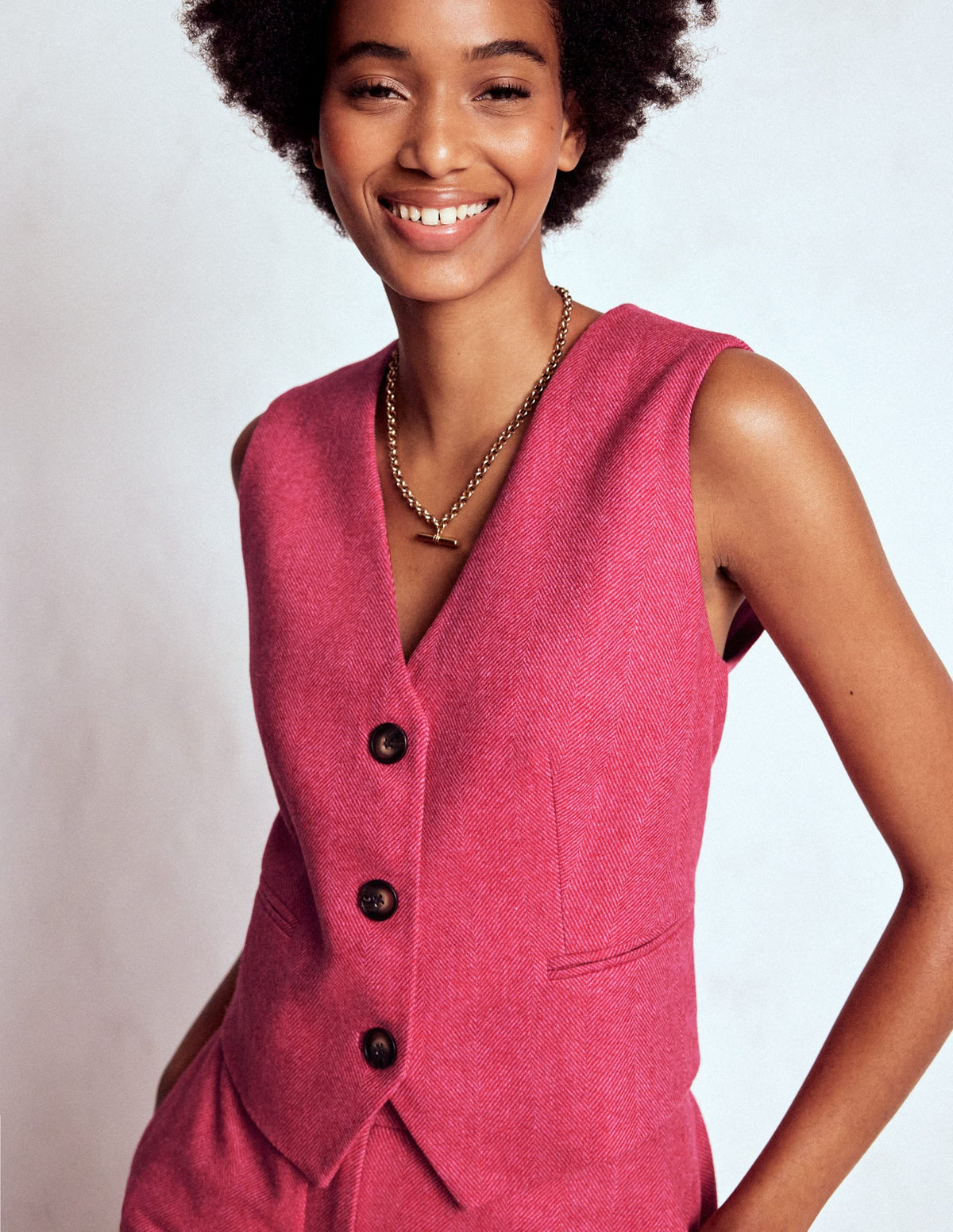 Pink Wool Waistcoat-Red and Pink Wide Herringbone