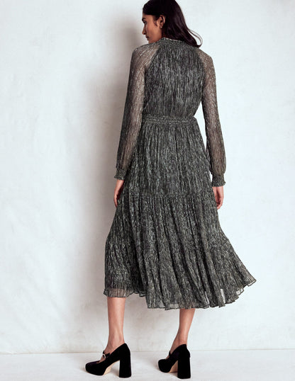 Lucille Smocked Sparkle Dress-Black and Gold
